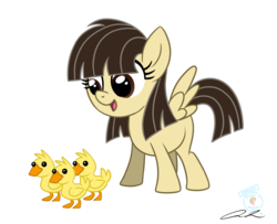 Size: 1261x1023 | Tagged: safe, artist:iheartjapan789, wild fire, duck, pegasus, pony, g4, blank flank, duckling, female, filly, looking down, open mouth, ponysona, signature, simple background, smiling, standing, that pony sure does love ducks, transparent background