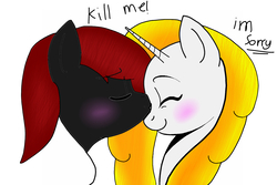 Size: 1800x1200 | Tagged: artist needed, source needed, safe, oc, oc only, oc:ashlee, oc:phenioxflame, earth pony, pony, unicorn, base used, blushing, competition, kissing, red and black oc