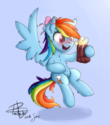 Size: 3065x3484 | Tagged: safe, artist:pucksterv, artist:shogundun, rainbow dash, pegasus, pony, g4, backwards cutie mark, bow, cheers, collaboration, female, high res, mare, open mouth, signature, solo