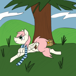 Size: 1200x1200 | Tagged: safe, artist:supasqueegee, oc, oc only, oc:seanchas cliste, pegasus, pony, clothes, flat colors, saddle bag, scarf, solo, tree
