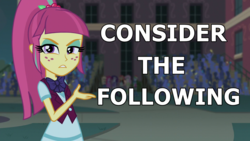 Size: 1280x720 | Tagged: safe, edit, edited screencap, screencap, sour sweet, equestria girls, g4, my little pony equestria girls: friendship games, canterlot high, consider the following, female, solo, text, unamused, unleash the magic, upset