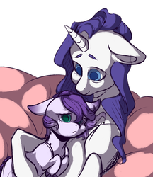 Size: 950x1100 | Tagged: safe, artist:yuyusunshine, rarity, oc, oc:diamond jem, dracony, hybrid, pony, g4, interspecies offspring, mother and daughter, no catchlights, offspring, older, parent:rarity, parent:spike, parents:sparity