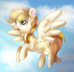 Size: 1985x1932 | Tagged: safe, artist:ilynalta, oc, oc only, oc:little flame, pegasus, pony, female, flying, mare, smiling, solo
