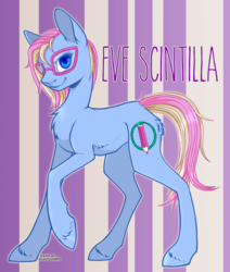 Size: 720x851 | Tagged: source needed, safe, artist:evescintilla, artist:silent-umbra, oc, oc only, oc:eve scintilla, earth pony, pony, female, full body, glasses, mare, ouroboros, simple background, solo, text