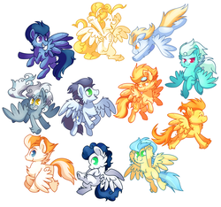 Size: 3200x3000 | Tagged: safe, artist:chatotlover448, blaze, fire streak, fleetfoot, high winds, lightning streak, misty fly, silver lining, silver zoom, soarin', spitfire, surprise, wave chill, pegasus, pony, g4, chest fluff, female, fluffy, high res, male, mare, simple background, stallion, white background, wonderbolts