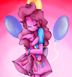 Size: 1000x1083 | Tagged: safe, artist:tuffjenny, pinkie pie, earth pony, human, pony, equestria girls, g4, balloon, beautiful, bracelet, clothes, cute, cutie mark background, diapinkes, duo, eyes closed, female, floppy ears, gradient background, holding a pony, hug, human ponidox, jewelry, mare, self ponidox, skirt, smiling