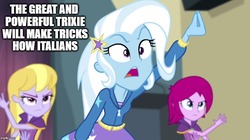 Size: 896x500 | Tagged: artist needed, safe, edit, edited screencap, screencap, fuchsia blush, lavender lace, trixie, equestria girls, g4, my little pony equestria girls: rainbow rocks, female, image macro, meme, trixie and the illusions, trixie yells at everything