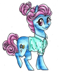 Size: 766x951 | Tagged: safe, artist:twixyamber, blue bobbin, earth pony, pony, g4, clothes, solo, traditional art