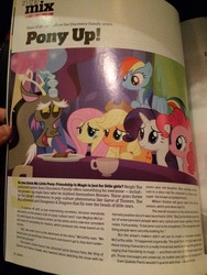 Size: 3264x2448 | Tagged: safe, applejack, discord, fluttershy, pinkie pie, quibble pants, rainbow dash, rarity, g4, season 7, are you frustrated?, article, balloon, cup, emmy magazine, finger, high res, in the mix, magazine, meghan mccarthy, patton oswalt, ponied up, teacup, text, twilight's castle, william shatner