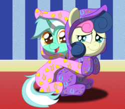 Size: 2300x2000 | Tagged: safe, artist:spellboundcanvas, bon bon, lyra heartstrings, sweetie drops, earth pony, pony, unicorn, g4, adorabon, clothes, cute, duo, female, filly, footed sleeper, high res, hug, hug from behind, looking at each other, looking back, lyrabetes, open mouth, pajamas, smiling, spellboundcanvas is trying to murder us, younger