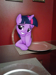 Size: 1932x2576 | Tagged: safe, artist:pablomen13, artist:tomfraggle, twilight sparkle, alicorn, pony, g4, bedroom eyes, chair, female, irl, lidded eyes, mare, photo, plate, ponies in real life, pose, restaurant, solo, table, twilight sparkle (alicorn), vector
