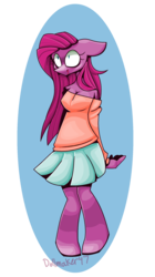 Size: 1313x2345 | Tagged: safe, artist:dollmaker47, pinkie pie, earth pony, anthro, g4, blood, boots, clothes, female, nosebleed, pinkamena diane pie, shirt, shoulderless, skirt, solo
