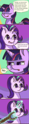 Size: 691x2884 | Tagged: safe, artist:kysimon, starlight glimmer, twilight sparkle, alicorn, pony, unicorn, celestial advice, g4, comic, dialogue, eyes closed, levitation, magic, open mouth, s5 starlight, smiling, staff, staff of sameness, telekinesis, twilight sparkle (alicorn)