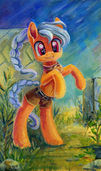 Size: 470x794 | Tagged: safe, artist:maytee, oc, oc only, oc:veoria, earth pony, pony, braided ponytail, clothes, cute, female, gift art, grass, looking at you, mare, raised hoof, rearing, shorts, smiling, solo, traditional art