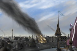 Size: 1800x1200 | Tagged: safe, artist:yinglung, canterlot, canterlot castle, canterlot library, city, cityscape, civil war, equestria rodeo stadium, fire, flag, french, houses, on fire, revolution, smoke, waterfall