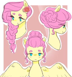 Size: 842x900 | Tagged: safe, artist:milky-rabbit, fluttershy, pegasus, pony, g4, alternate hairstyle, bust, cute, female, flower, flower in hair, looking at you, looking away, no pupils, portrait, smiling, solo, spread wings