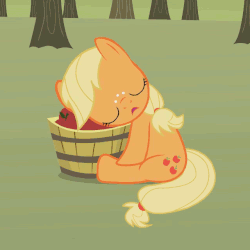 Size: 640x640 | Tagged: safe, artist:agrol, applejack, when you're a filly, g4, animated, apple, basket, cute, female, filly, filly applejack, food, gif, jackabetes, loop, sleeping, solo, that pony sure does love apples, youtube link