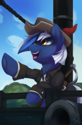 Size: 1020x1556 | Tagged: safe, artist:tangomangoes, oc, oc only, earth pony, pony, clothes, cloud, commission, hat, male, open mouth, pirate, pointing, ship, signature, sky, smiling, solo, stallion, sword, weapon