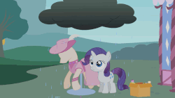 Size: 800x450 | Tagged: safe, artist:agrol, rarity, when you're a filly, g4, animated, clothes, cloud, dress, female, filly, filly rarity, gif, hat, loop, mannequin, rain, raincloud, solo, youtube link