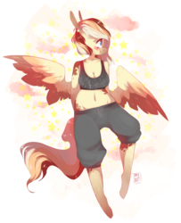 Size: 3880x4776 | Tagged: safe, artist:tamyarts, oc, oc only, pegasus, anthro, unguligrade anthro, absurd resolution, belly button, breasts, cleavage, clothes, female, mare, midriff, pants, solo, sports bra