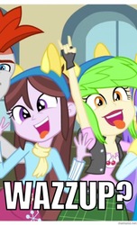 Size: 584x960 | Tagged: safe, edit, edited screencap, screencap, aqua blossom, cherry crash, crimson napalm, velvet sky, equestria girls, g4, my little pony equestria girls: friendship games, background human, caption, devil horn (gesture), funny face, meme, open mouth, pony ears, silly face, tongue out, wazzup