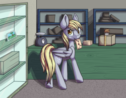 Size: 3234x2508 | Tagged: dead source, safe, artist:itresad, derpy hooves, pegasus, pony, g4, cute, envelope, female, food, high res, indoors, letter, mailmare, mare, mouth hold, muffin, post office, snack, solo, tail