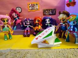 Size: 1040x780 | Tagged: safe, artist:wesleyabram, applejack, fluttershy, pinkie pie, rainbow dash, rarity, sunset shimmer, twilight sparkle, human, equestria girls, g4, clothes, doll, equestria girls minis, eqventures of the minis, food, glasses, humane five, humane seven, humane six, irl, legs, photo, pizza, sleeveless, tank top, toy