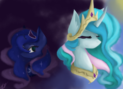 Size: 2850x2076 | Tagged: safe, artist:lovelydreams14, princess celestia, princess luna, alicorn, pony, g4, bust, crown, eyes closed, female, high res, jewelry, mare, peytral, portrait, regalia, royal sisters