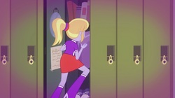 Size: 1100x618 | Tagged: safe, screencap, cloudy kicks, equestria girls, g4, music to my ears, my little pony equestria girls: rainbow rocks, book, boots, clothes, high heel boots, lockers, mirror, raised leg, rear view, shoes, sneakers