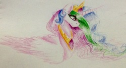 Size: 2316x1254 | Tagged: safe, artist:emuuanne, princess celestia, alicorn, pony, g4, crown, female, jewelry, looking down, peytral, regalia, simple background, solo, traditional art, white background
