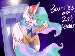 Size: 1024x768 | Tagged: safe, artist:emuuanne, princess celestia, alicorn, pony, g4, 20% cooler, blushing, bowtie, bowties are cool, clothes, costume, crossover, doctor who, female, fez, hat, meme, open mouth, smiling, solo