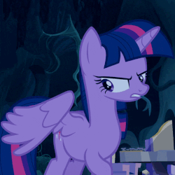 Size: 505x505 | Tagged: safe, screencap, twilight sparkle, alicorn, pony, g4, the cutie re-mark, animated, annoyed, female, flapping, frown, gif, glare, looking back, looking down, loop, mare, night, open mouth, raised hoof, solo, spread wings, talking, twilight sparkle (alicorn)