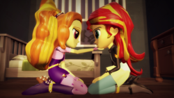 Size: 1920x1080 | Tagged: safe, artist:razethebeast, adagio dazzle, sunset shimmer, equestria girls, g4, 3d, bed, bedroom, boots, clothes, dresser, female, fingerless gloves, gloves, high heel boots, jacket, leather jacket, lesbian, looking at each other, pants, ship:sunsagio, shipping, source filmmaker, spikes