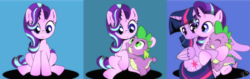 Size: 2397x756 | Tagged: safe, artist:dsana, spike, starlight glimmer, twilight sparkle, alicorn, dragon, pony, unicorn, g4, :<, baby, baby dragon, blue background, comic, cuddling, cute, eyes closed, female, folded wings, frown, glimmerbetes, hair flip, hair over one eye, horn, hug, looking down, male, mare, nuzzling, panels, sad, sadlight glimmer, signature, simple background, sitting, smiling, spikabetes, squishy cheeks, starlight day, surprise hug, twiabetes, twilight sparkle (alicorn), wide eyes, wings