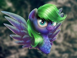 Size: 1024x768 | Tagged: safe, artist:helmie-art, oc, oc only, oc:greeny bluely, pegasus, pony, art trade, bust, green hair, looking at you, portrait, smiling, solo, spread wings