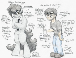 Size: 6137x4721 | Tagged: safe, artist:flicker-show, oc, oc only, oc:flicker show, demon, demon pony, earth pony, human, hybrid, pony, absurd resolution, clothes, cup, duo, necktie, ponysona, self portrait, simple background, traditional art