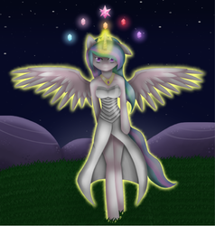 Size: 563x592 | Tagged: safe, artist:madelyn7, princess celestia, alicorn, anthro, unguligrade anthro, g4, clothes, elements of harmony, female, looking at you, magic, solo, spread wings