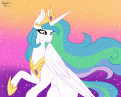 Size: 2047x1638 | Tagged: safe, artist:minty25, princess celestia, alicorn, pony, g4, bipedal, collaboration, crown, jewelry, peytral, regalia, smiling