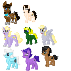 Size: 1024x1024 | Tagged: safe, artist:usagi-zakura, derpy hooves, dinky hooves, oc, oc:fidget, oc:mister clever, oc:night vigil, oc:stormglaze, oc:street sense, pegasus, pony, g4, doctor who, female, jenny the doctor's daughter, mare, missy