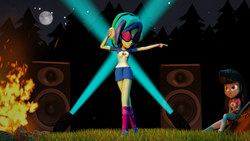 Size: 3840x2160 | Tagged: safe, artist:dj-chopin, dj pon-3, octavia melody, vinyl scratch, equestria girls, g4, my little pony equestria girls: legend of everfree, 3d, bonfire, breasts, camp everfree outfits, cello, clothes, dancing, female, fire, headphones, high res, listening, moon, music, musical instrument, shoes, sitting, socks, spotlight