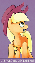 Size: 543x987 | Tagged: safe, artist:liracrown, applejack, g4, couch, digital art, hat, looking sideways, open mouth, wip