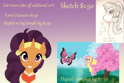 Size: 1600x1080 | Tagged: safe, artist:silversthreads, fluttershy, saffron masala, starlight glimmer, g4, commission info, crossover, digital art, pokémon, prices, sale, sketch, vivillion