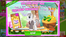 Size: 1136x640 | Tagged: safe, gameloft, screencap, cup cake, earth pony, pony, g4, female, introduction card, neighl page, planes trains and automobiles, solo, steve martin, traveling gentlecolt