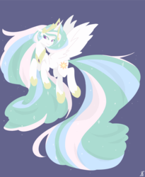 Size: 1024x1251 | Tagged: safe, artist:m8rquise, princess celestia, alicorn, pony, g4, crown, female, flying, jewelry, looking at you, mare, peytral, regalia, simple background, smiling, solo, spread wings
