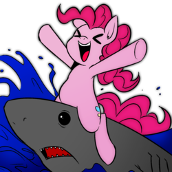 Size: 1270x1270 | Tagged: safe, artist:megasweet, artist:mr square, pinkie pie, earth pony, pony, shark, ><, cute, diapinkes, eyes closed, female, happy, jumping the shark, mare, open mouth, riding, smiling, underhoof, water, wave