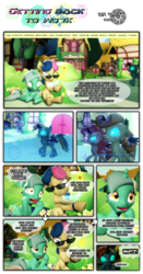 Size: 1247x2377 | Tagged: safe, artist:powdan, bon bon, lyra heartstrings, sweetie drops, changeling, comic:getting back to work, g4, to where and back again, 3d, comic, dialogue, gmod, ponyville, secret agent sweetie drops