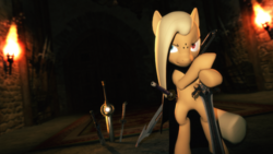 Size: 1920x1080 | Tagged: safe, artist:powdan, oc, oc only, oc:una cross slash, earth pony, pony, 3d, bipedal, cape, clothes, gmod, heterochromia, medieval, scar, solo, source filmmaker, sword, torch, weapon