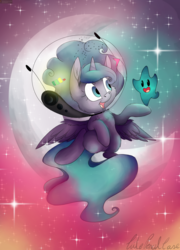 Size: 5349x7417 | Tagged: safe, artist:cutepencilcase, princess luna, alicorn, luma, pony, g4, absurd resolution, astronaut, cheek fluff, chest fluff, chibi, cute, duo, ear fluff, female, filly, fluffy, helmet, looking at each other, lunabetes, open mouth, signature, smiling, space, space helmet, stars, super mario bros., super mario galaxy, wing fluff