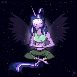 Size: 2200x2200 | Tagged: safe, artist:shimazun, twilight sparkle, alicorn, anthro, unguligrade anthro, g4, avatar state, avatar the last airbender, clothes, crossed legs, female, glowing eyes, high res, midriff, signature, solo, stars, twilight sparkle (alicorn)