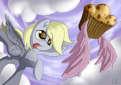 Size: 1600x1131 | Tagged: safe, artist:calena, derpy hooves, pegasus, pony, g4, cloud, female, flying, food, muffin, sky, solo, spread wings, tongue out